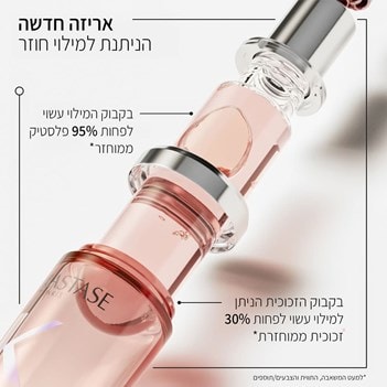 אריזה חדשה הניתנת למילוי חוזר. בקבוק המילוי עשוי לפחות 95 אחוז פלסטיק ממוחזר. בקבוק הזכוכית הניתן למילוי עשוי לפחות 30 אחוז זכוכית ממוחזרת. למעט המשאבה, התווית והצבעים או התוספים.