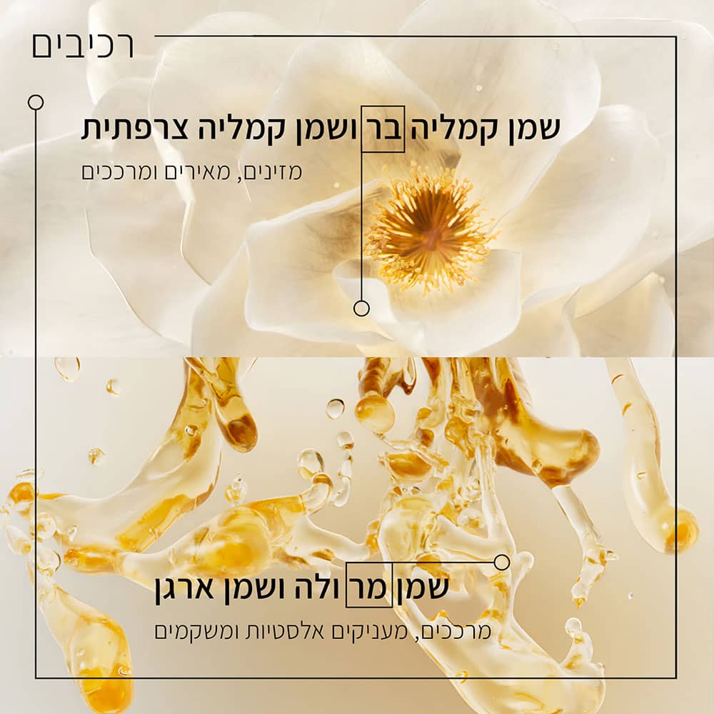 רכיבים. שמן קמליה בר ושמן קמליה צרפתית, מזינים מאירים ומרככים. שמן מרולה ושמן ארגן, מרככים, מעניקים אלסטיות ומשקמים.