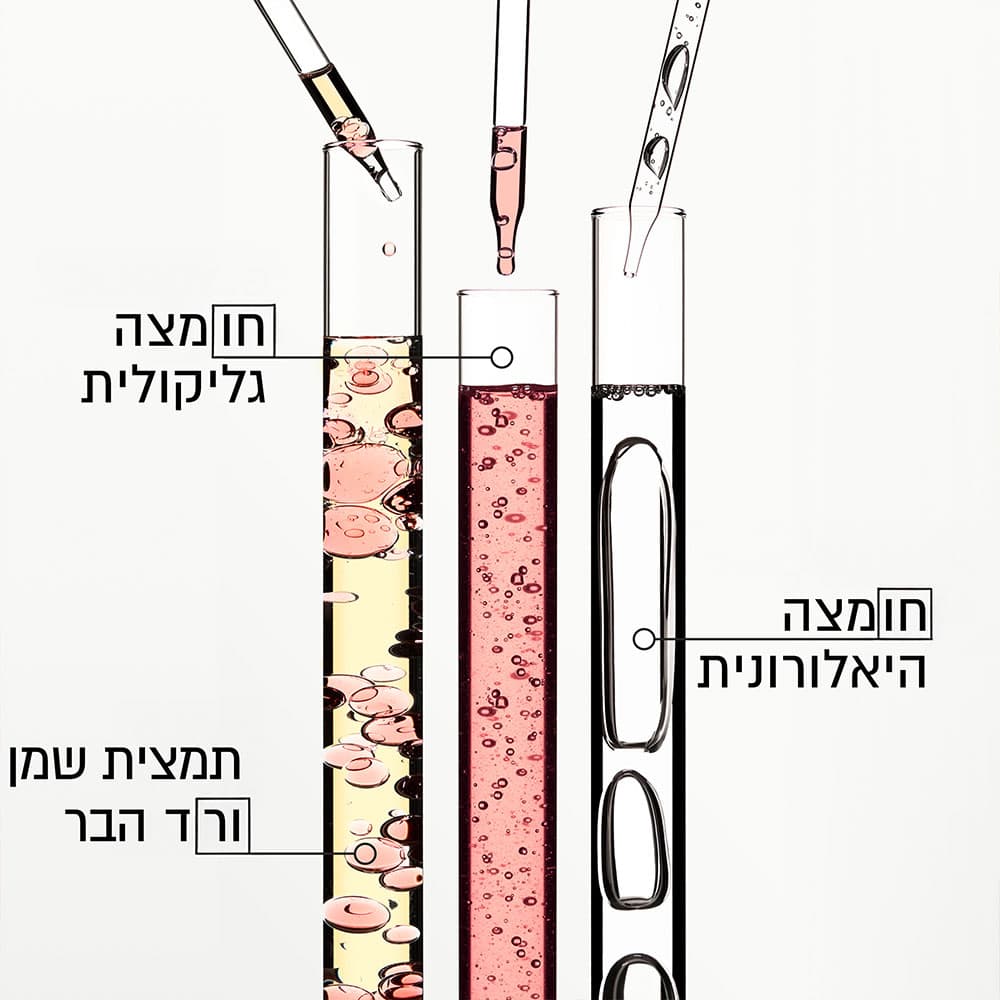 חומצה היאלורונית, חומצה גליקולית, תמצית שמן ורד הבר.