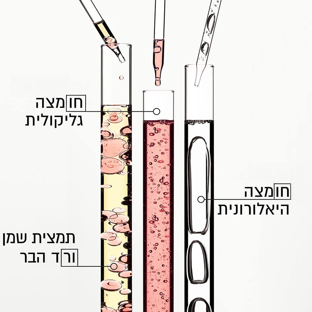 חומצה היאלורונית, חומצה גליקולית, תמצית שמן ורד הבר.