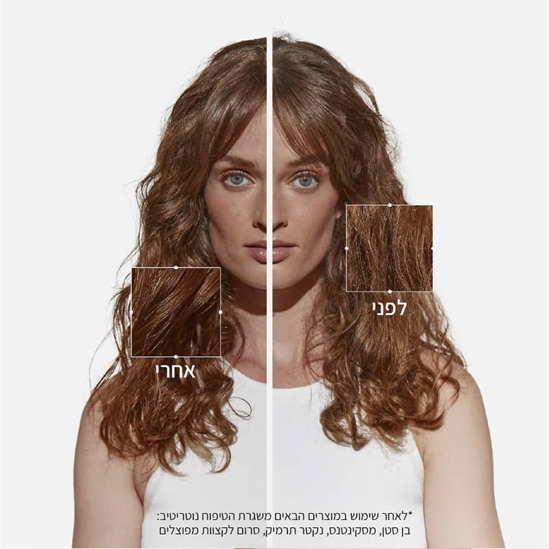 דוגמנית מציגה שיער לפני ואחרי שימוש במוצרי טיפוח בסדרת נוטריטיב