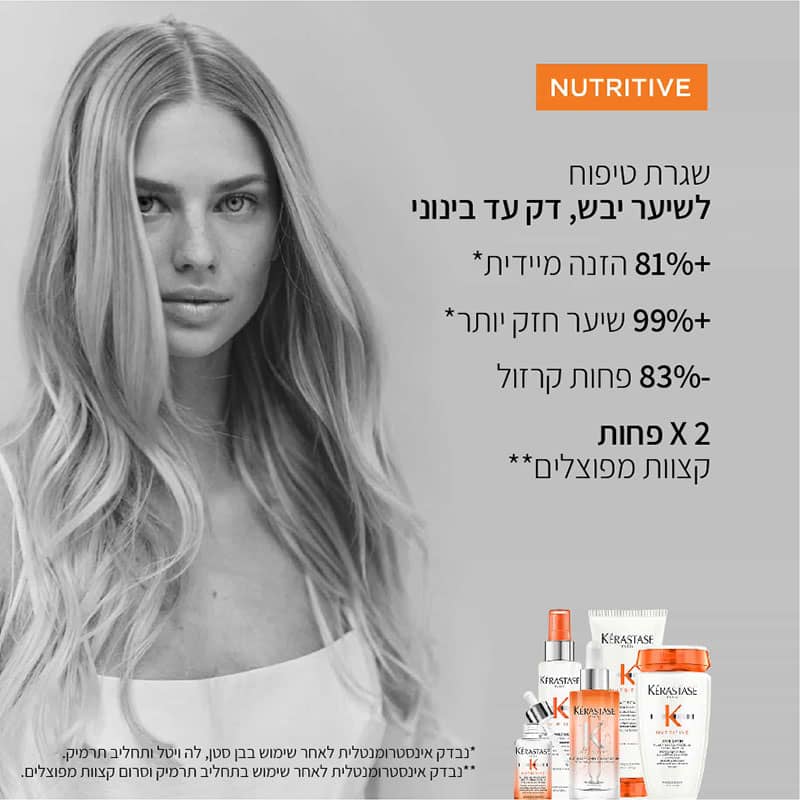 שגרת טיפוח לשיער יבש דק עד בינוני. פלוס 81 אחוז הזנה מיידית. פלוס 99 אחוז שיער חזק יותר. מינוס 83 אחוז פחות קרזול. פי 2 פחות קצוות מפוצלים.