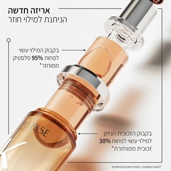 אריזה חדשה הניתנת למילוי חוזר. בקבוק המילוי עשוי לפחות 95 אחוז פלסטיק ממוחזר. בקבוק הזכוכית הניתן למילוי עשוי לפחות 30 אחוז זכוכית ממוחזרת. למעט המשאבה, התווית והצבעים או התוספים.